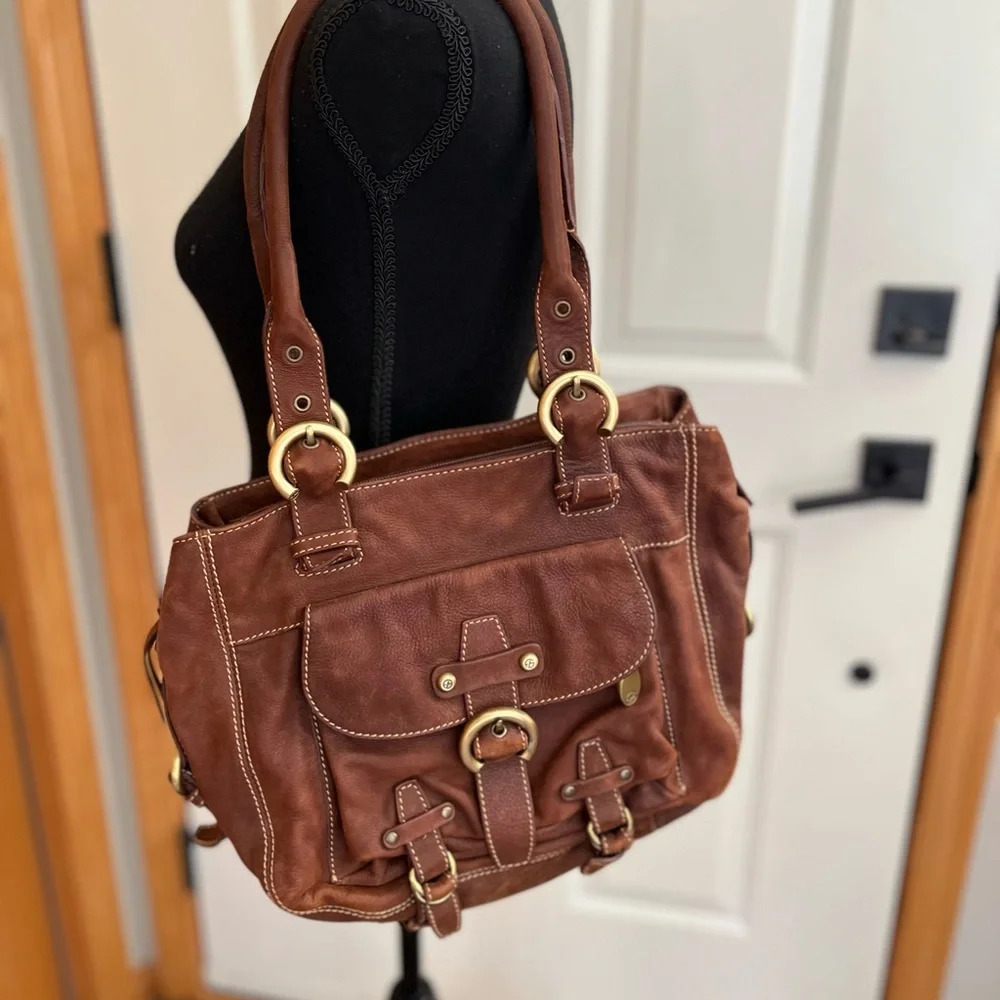 Francesco Biasia brown satchel shoulder bag gold brass hardware with dust bag